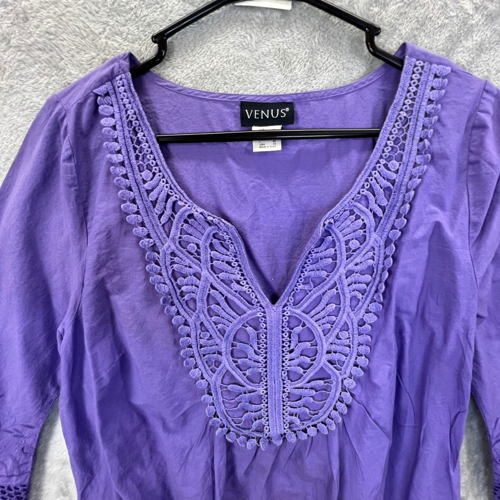 Venus Purple Boho Eyelet Lace Crochet Tunic Sz 14 Cottagecore Hippie Coastal - Picture 2 of 9